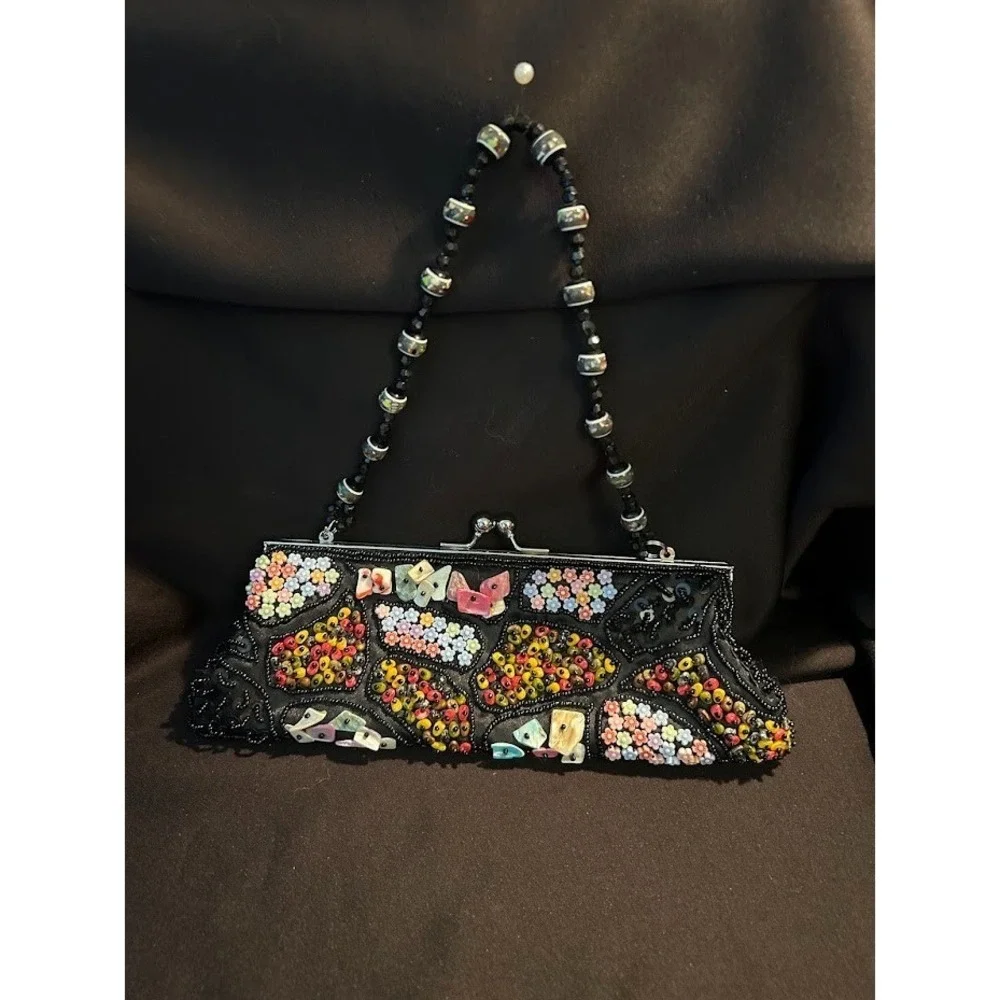 Vintage‎ Black Beaded Evening Bag Purse short and long handles